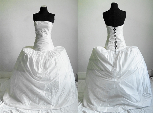 The white silk gown from the front and the back.