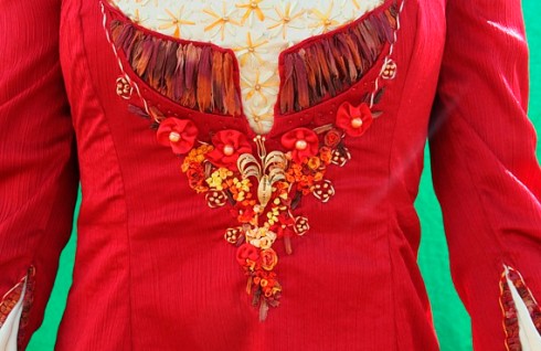 Front detail of the ribbon embroidered dress used for Vitellia.