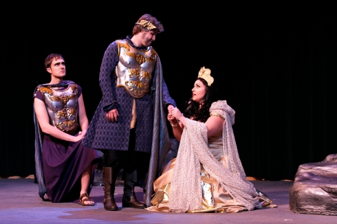A scene from Idomeneo featuring three of the leads, Idamante, Idomeneo and Elettra. Costumes by Tyson Vick and Catey Lockhart.