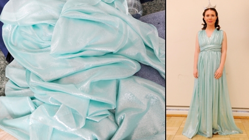 The fabric before becoming a dress and after becoming a dress on actress Carly as Ilia.