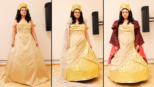 Elettra's dress in its three forms. Costume by Tyson Vick.